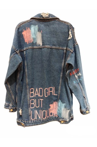 "Bad girl but unique" blau (klassisch jeans) handgemalt Jeansjacke