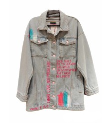 "Bad girl but unique" hellblau handgemalt Jeansjacke