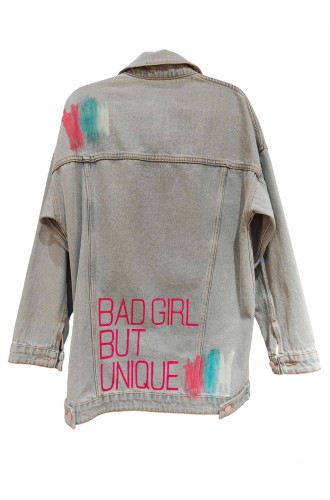 "Bad girl but unique" hellblau handgemalt Jeansjacke