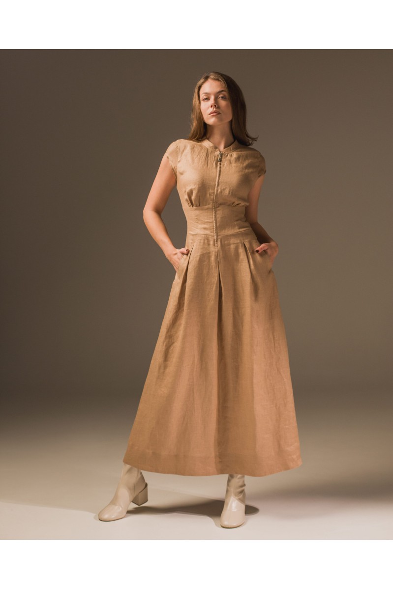 Maha Langes Leinenkleid mit Reißverschluss (Sand)