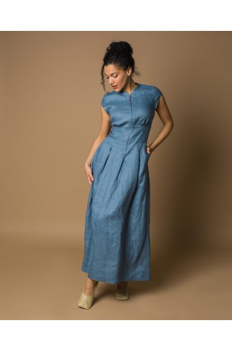 Maha Langes Leinenkleid mit Reißverschluss (Blau)