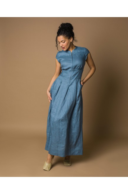 Maha Langes Leinenkleid mit Reißverschluss (Blau)
