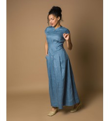Maha Langes Leinenkleid mit Reißverschluss (Blau)