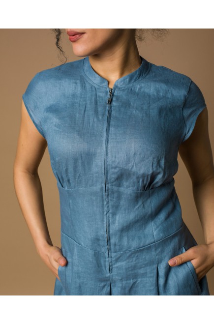Maha Langes Leinenkleid mit Reißverschluss (Blau)