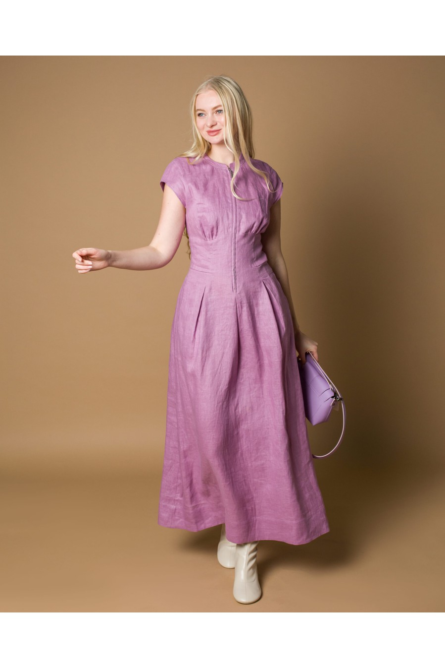 Maha Langes Leinenkleid mit Reißverschluss (Flieder)