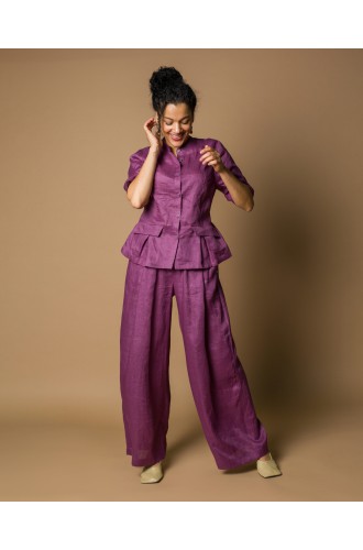Maha Anzug: Jacke und Hose aus Naturleinen (Lila)