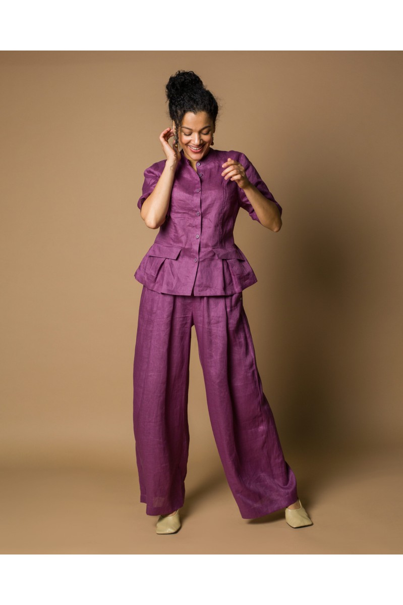 Maha Anzug: Jacke und Hose aus Naturleinen (Lila)