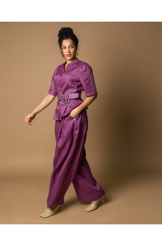 Maha Anzug: Jacke und Hose aus Naturleinen (Lila)