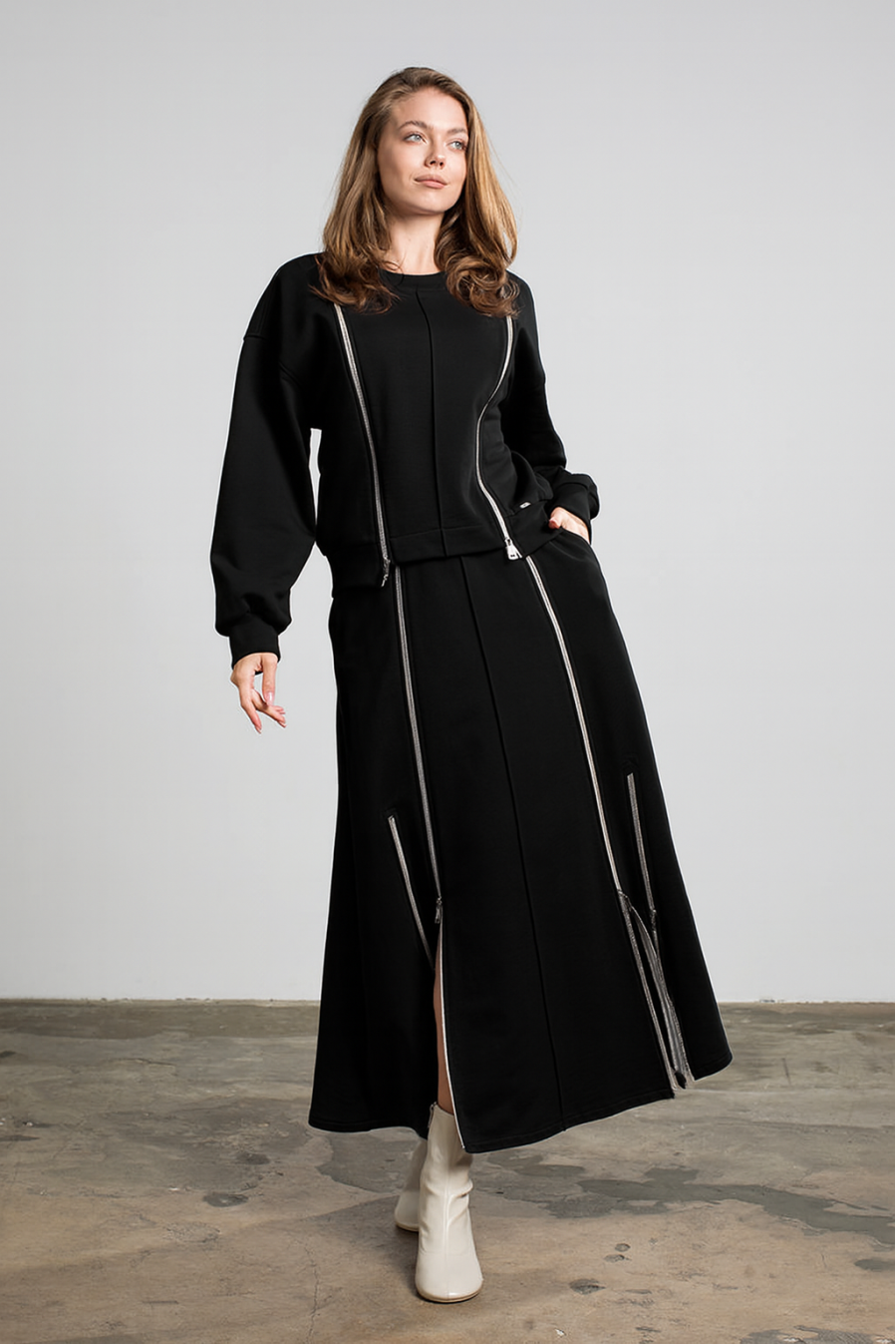 Maha Set: Sweatshirt & Rock mit Reißverschlüssen (Schwarz)