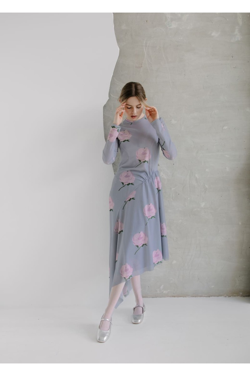 Nagrodzki.S Halbdurchsichtiges, asymmetrisches Kleid mit einzigartigem Muster