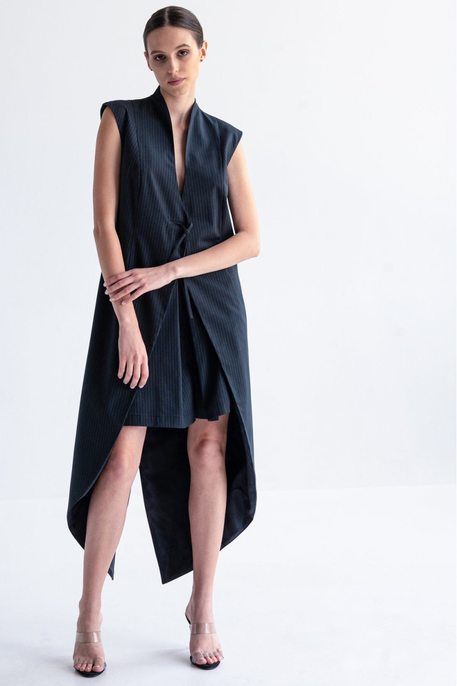Navy Blue Pinstriped Vest by Panove Navy Blue Pinstriped Vest by Panove
