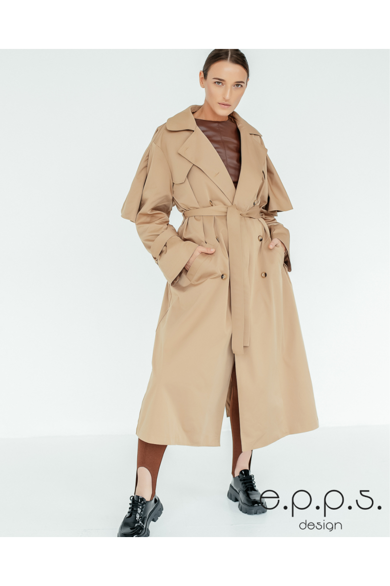 Trenchcoat aus poliertem Baumwollstoff (dunkler Sand)